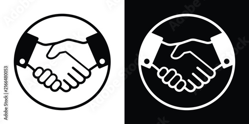 Foto Minimalist handshake icon inside a circular badge, depicting corporate partnership, trust, agreement, teamwork, and business deal concept in solid black and white variations