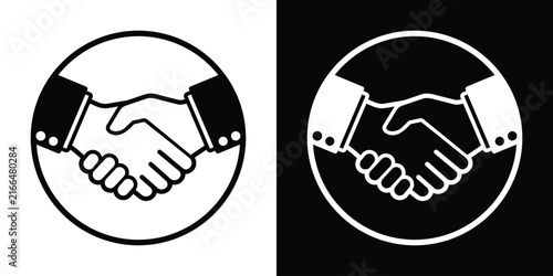 Foto Minimalist handshake icon inside a circular badge, depicting corporate partnership, trust, agreement, teamwork, and business deal concept in solid black and white variations