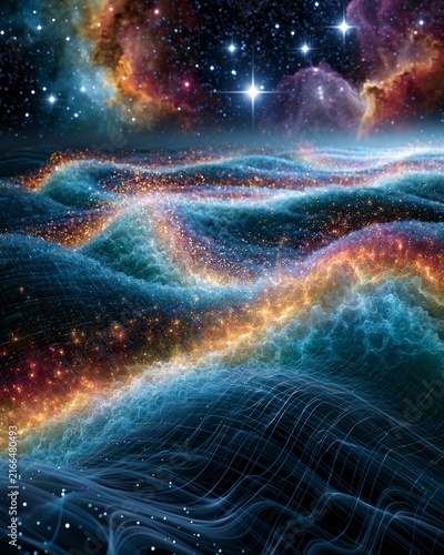 Glowing quantum energy waves across futuristic cosmic landscape in deep space