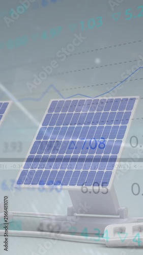 Animation of vhs glitch effect over stock market data processing against solar panels