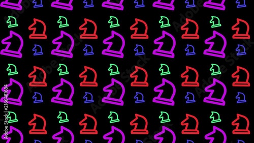 Neon Glowing Chess Knight Pattern Background With Vibrant Colored Pieces 4k Motion Loop
