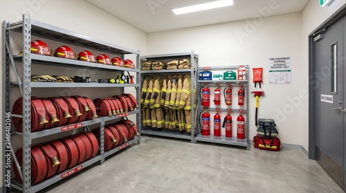 Firefighter Gear Storage Room with Helmets Hoses and Extinguishers ai generated