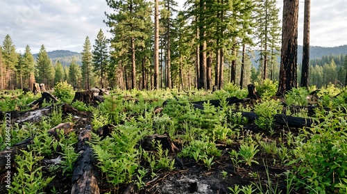 Forest recovering after wildfire with new growth emerging from charred ground ai generated