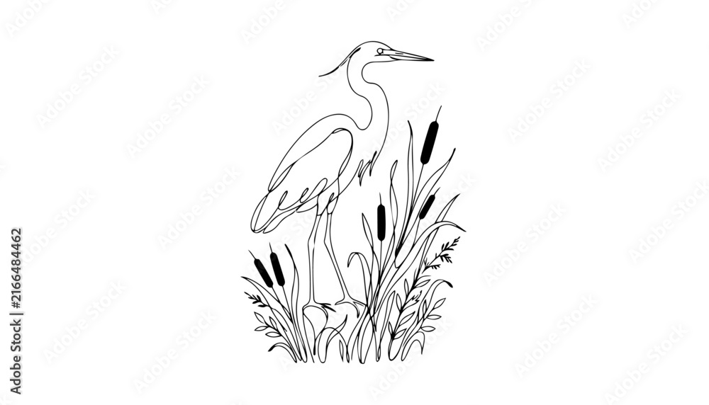 Fototapeta premium Abstract continuous line art heron in reeds vector illustration minimalist wetland nature icon