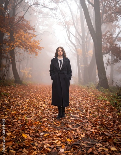 Woman in Black Coat Walking Through Misty Autumn Forest Path