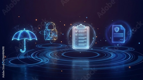 Naklejka Blue digital security and compliance icons on technological background