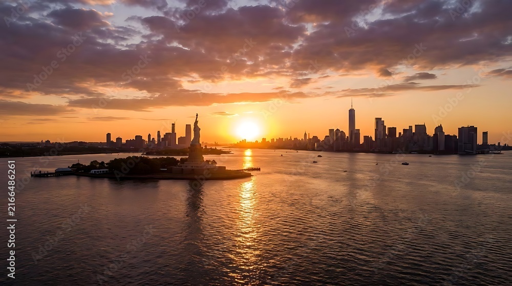 Naklejka premium Statue and city skyline at sunset
