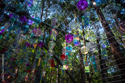Obraz na plátně Colorful Japanese Furin Wind Chimes Hanging In A Garden
