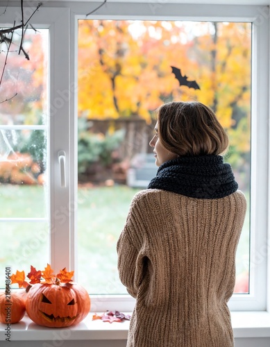 Woman Wearing a Chunky Knit Scarf and Sweater Gazes Out a Frosted Window at Autumn Foliage and Halloween Decorations