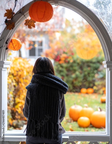 Person Wearing Scarf Looks Out Window At Autumnal Halloween Decorations