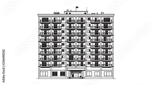 Detailed architectural facade of a multi-story residential building with balconies and many windows.