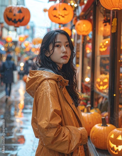 Young Woman in Raincoat Standing Outside a Halloween Decorated Storefront