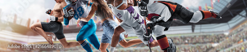 A dynamic collage of athlete photos. Close-up. Athletes in action against the backdrop of a large stadium. MMA, American football, skateboarding, basketball, hockey. Sports.