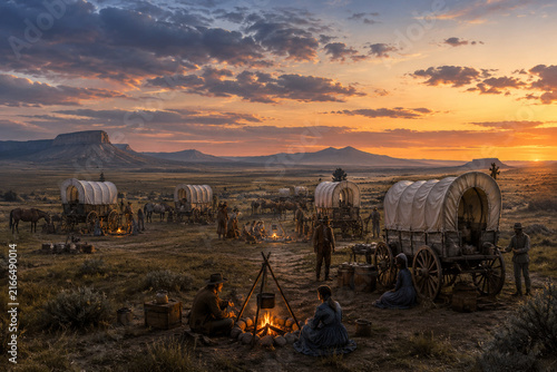 A covered wagon train establishing a temporary camp on a vast plain with flickering campfires at dusk.