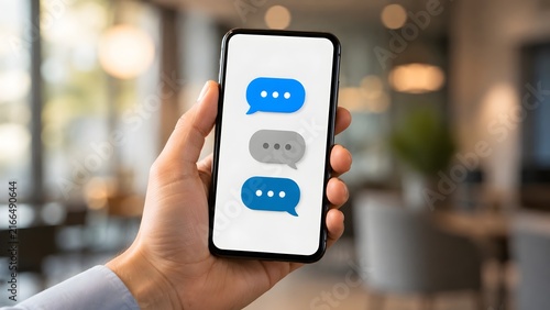 Hand holding a smartphone displaying blue and grey chat bubbles. Concept of mobile messaging app and digital communication.