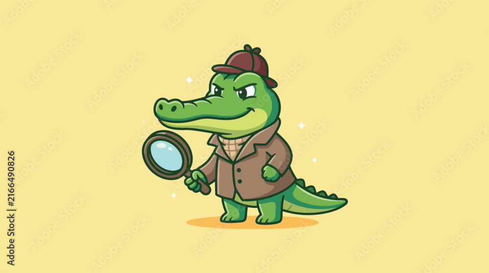 Obraz premium Cute Crocodile Detective Holding Magnifying Glass Cartoon Illustration.