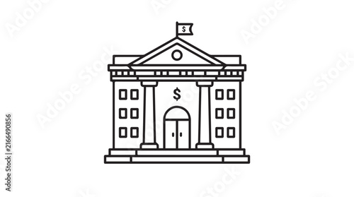 Illustration of a classical bank building with pillars and a grand entrance.