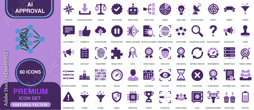 Editable vector set of 60 purple technology and business icons with neural network compass scales check mark symbols on purple background tech symbols business pack UI elements interface icons