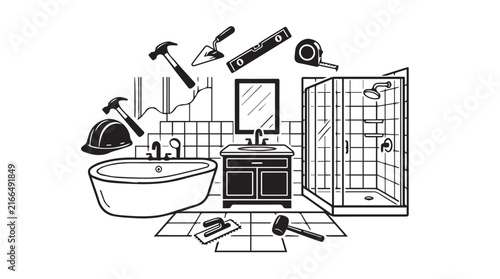 Indoor bathroom renovation tools and fixtures arranged for design and planning.