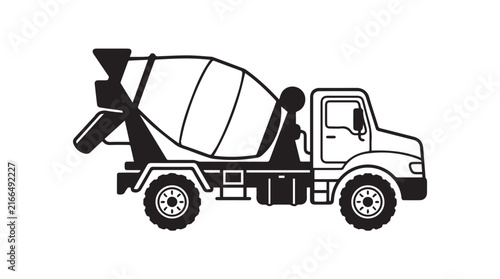 Minimal black and white line drawing of a cement mixer truck in motion.