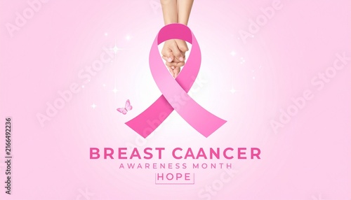 Pink ribbon with clasped hands and butterfly