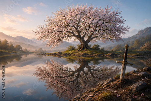 Still lake surface reflecting a blooming apple tree, a sword hilt in soil.