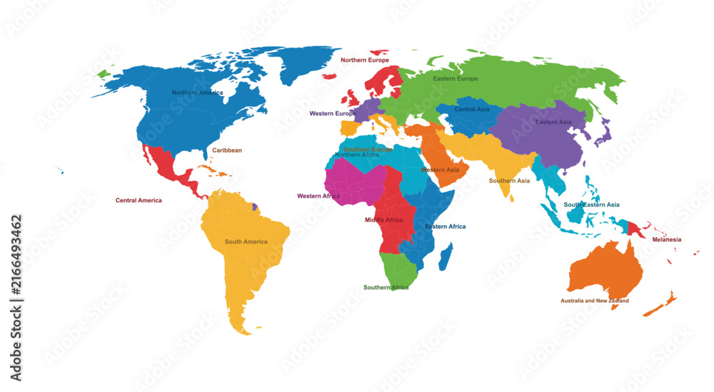 Fototapeta premium Vibrant Multicolor World Map Showing Countries and Continents, Detailed Global Geography, International Borders and Colorful Cartographic Design 