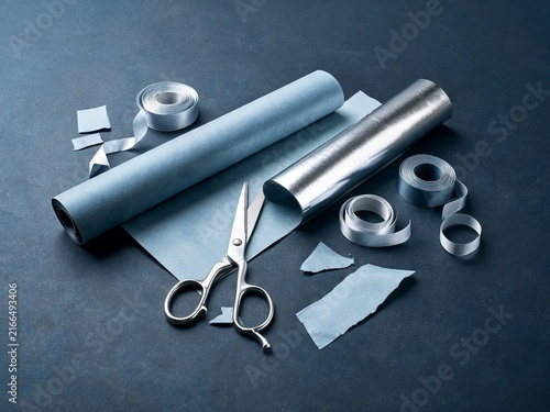 Gift Wrapping Supplies Paper Rolls Scissors Dark Moody Backdrop