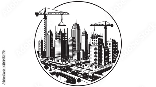 Monochrome city skyline with cranes and modern skyscrapers under construction.