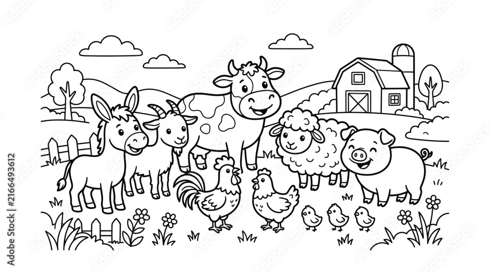 Obraz premium Farm Animals Coloring Page For Kids Vector Illustration