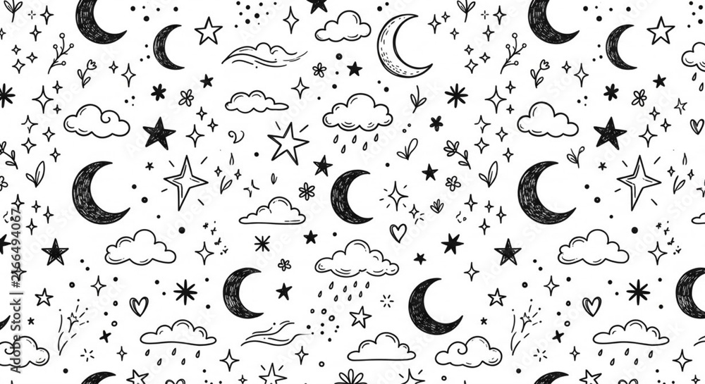 Hand‑drawn moon and star seamless pattern in black and white