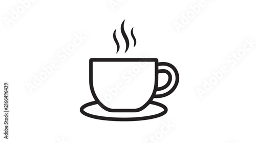 Minimalist Coffee Cup with Steam Icon on White Background.