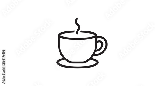 Minimal line art illustration of a steaming coffee cup on saucer.