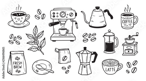 Whimsical Coffee Themed Doodle Scene Featuring Espresso Machine and Various Cups.