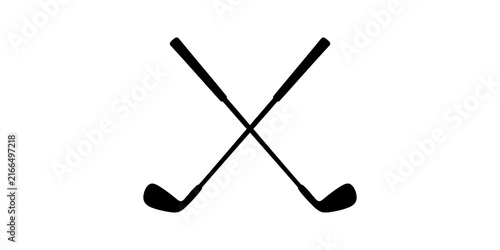 Two crossed black golf clubs on a gray checkered background for sport and leisure activities.