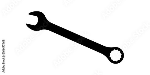 Combination wrench tool silhouette showing open end and box end designs for automotive repair construction maintenance and hardware service center branding.