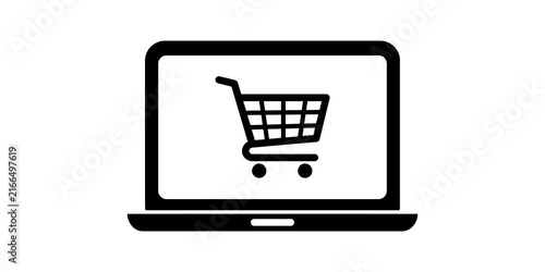 Black outline laptop with shopping cart icon on screen for online store website or digital marketplace design element.