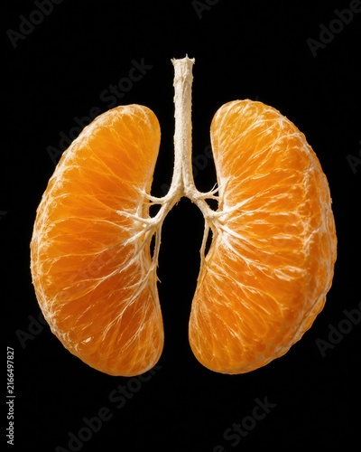 Surreal conceptual macro studio photograph of juicy orange citrus segments shaped like human lungs with white pith bronchi isolated on black background health metaphor