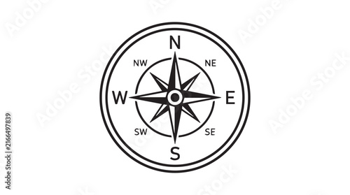 Monochrome compass rose vector illustration showing navigation, direction, and wayfinding symbols.
