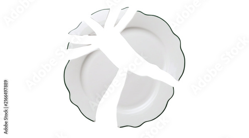 Quadro su tela Broken white ceramic plate shards with scalloped edges on a transparent backgrou