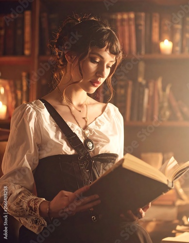 Young Woman in Vintage Clothing Reading a Book in a Candlelit Library