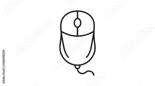 Minimalist line drawing of a wired computer mouse for technology and interface design visuals.