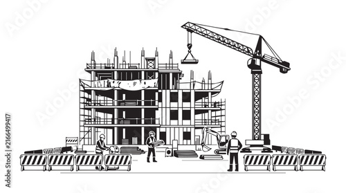 Construction site with crane, scaffolding, and workers at the early stage of a multi-story building project.