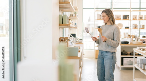 Woman selecting durable household goods in a store