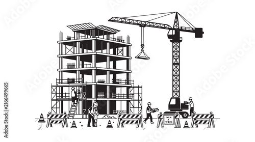 Active construction site showing workers and a towering crane at a multi-story building project in progress.