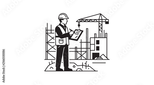 Construction Worker and Crane Over Active Building Site Under Development.