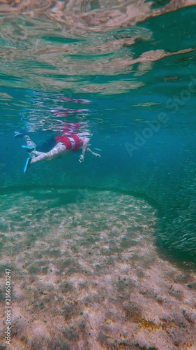 Girl and her father, wearing snorkel masks, swim next to living wall of millions of fish, girl actively pointing to center of school. Family of snorkelers swimming inside Silversides Atherina fish