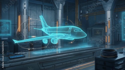 Futuristic digital airplane blueprint in high-tech engineering design laboratory with holographic technology