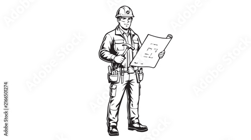 Construction Worker Studies a Blueprint on a Job Site to Plan the Project.