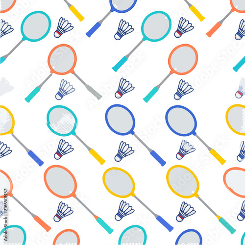 Seamless pattern with colorful badminton rackets and shuttlecocks